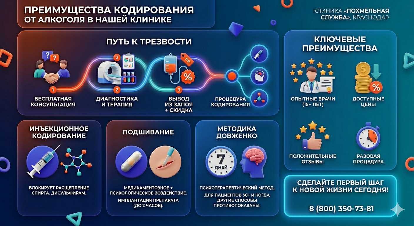 Инфографика о методах кодирования от алкоголя в Алёшках: инъекции, подшивание, метод Довженко. Преимущества клиники и этапы лечения.